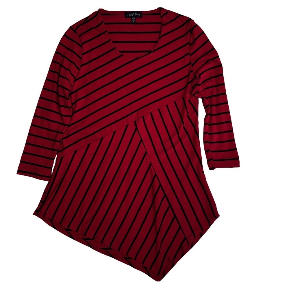 Slinky Brand Red and Black Striped Top Size XS 3/4 Sleeve Asymmetrical Hem NWOT